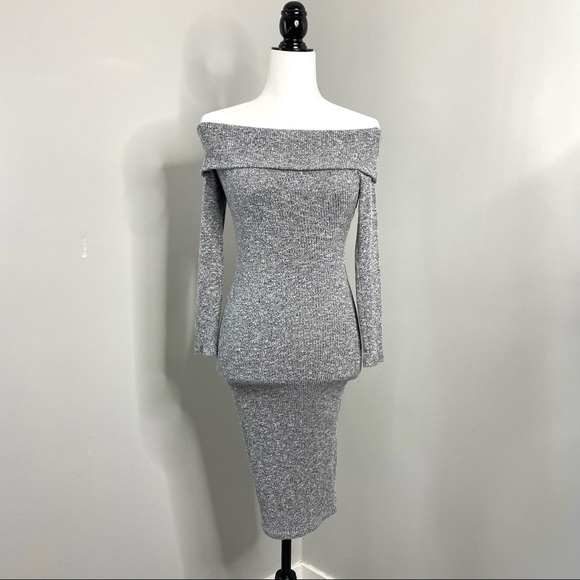 Off-the-Shoulder Soft Grey Ribbed Midi Dress S - Picture 5 of 8